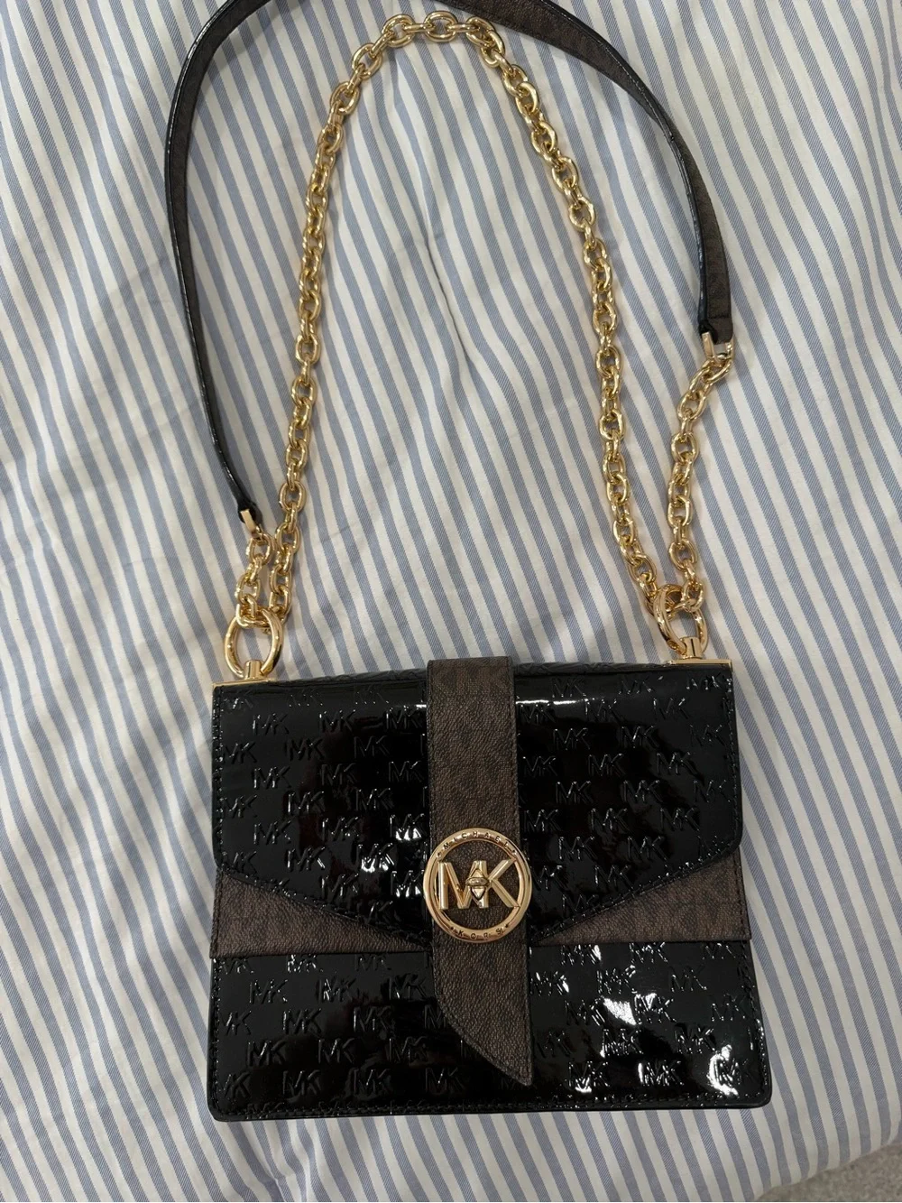 Michael Kors Black Patent Shoulder Bag with Gold Chain